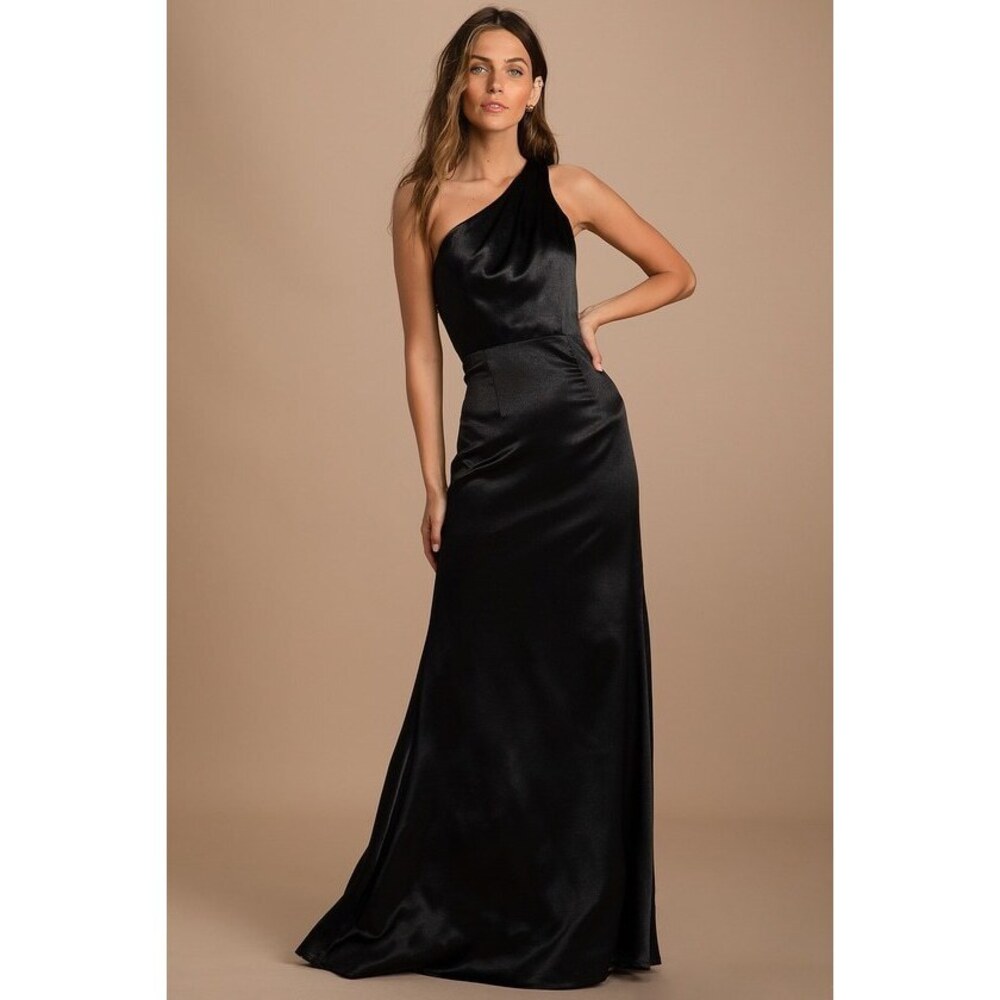 Lulus On The Guest List Black Satin One-shoulder Maxi Dress - Size S